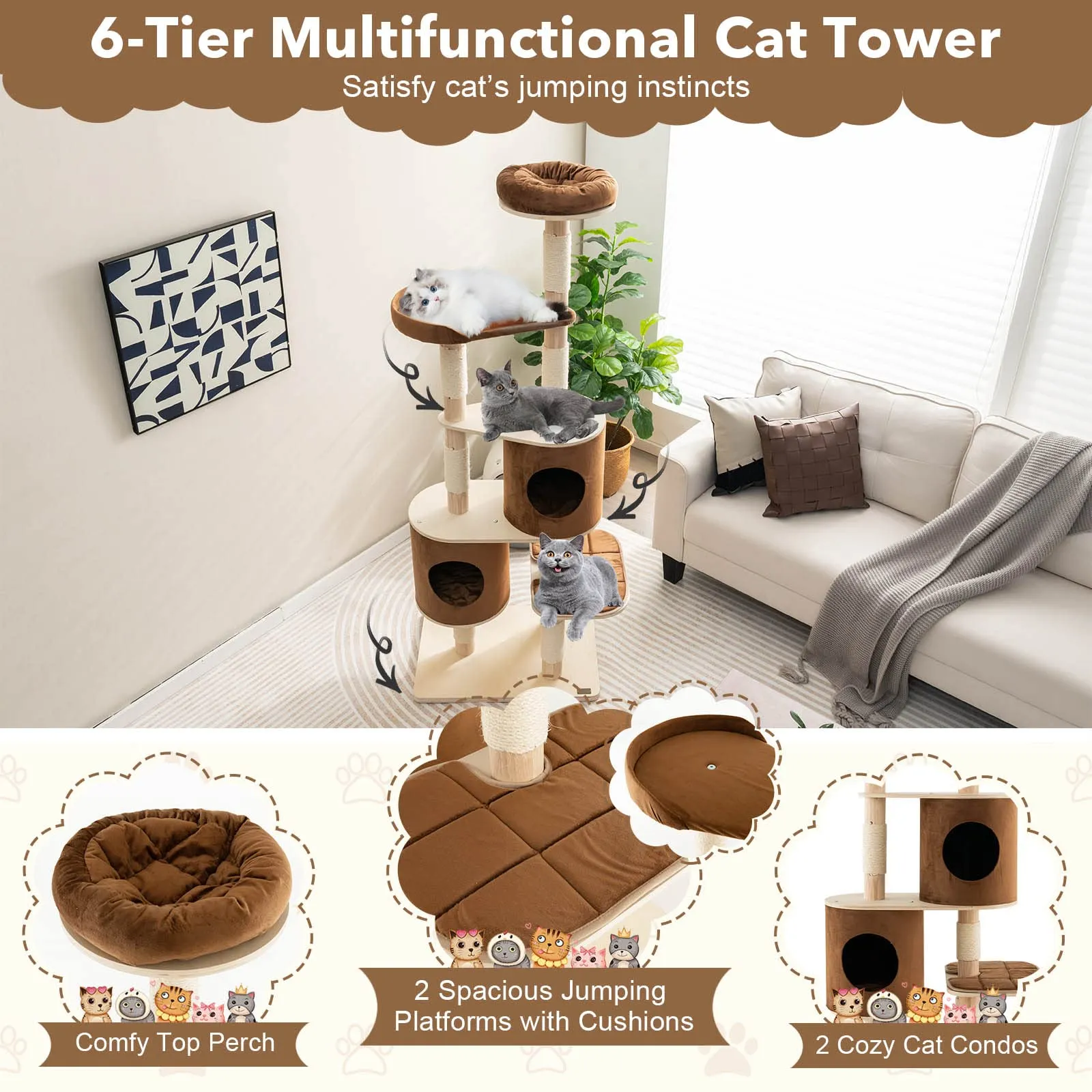 Tangkula 75 Inch Tall Cat Tree for Indoor Cats, Natural Solid Rubber Wood Cat Tower with Sisal Scratching Posts