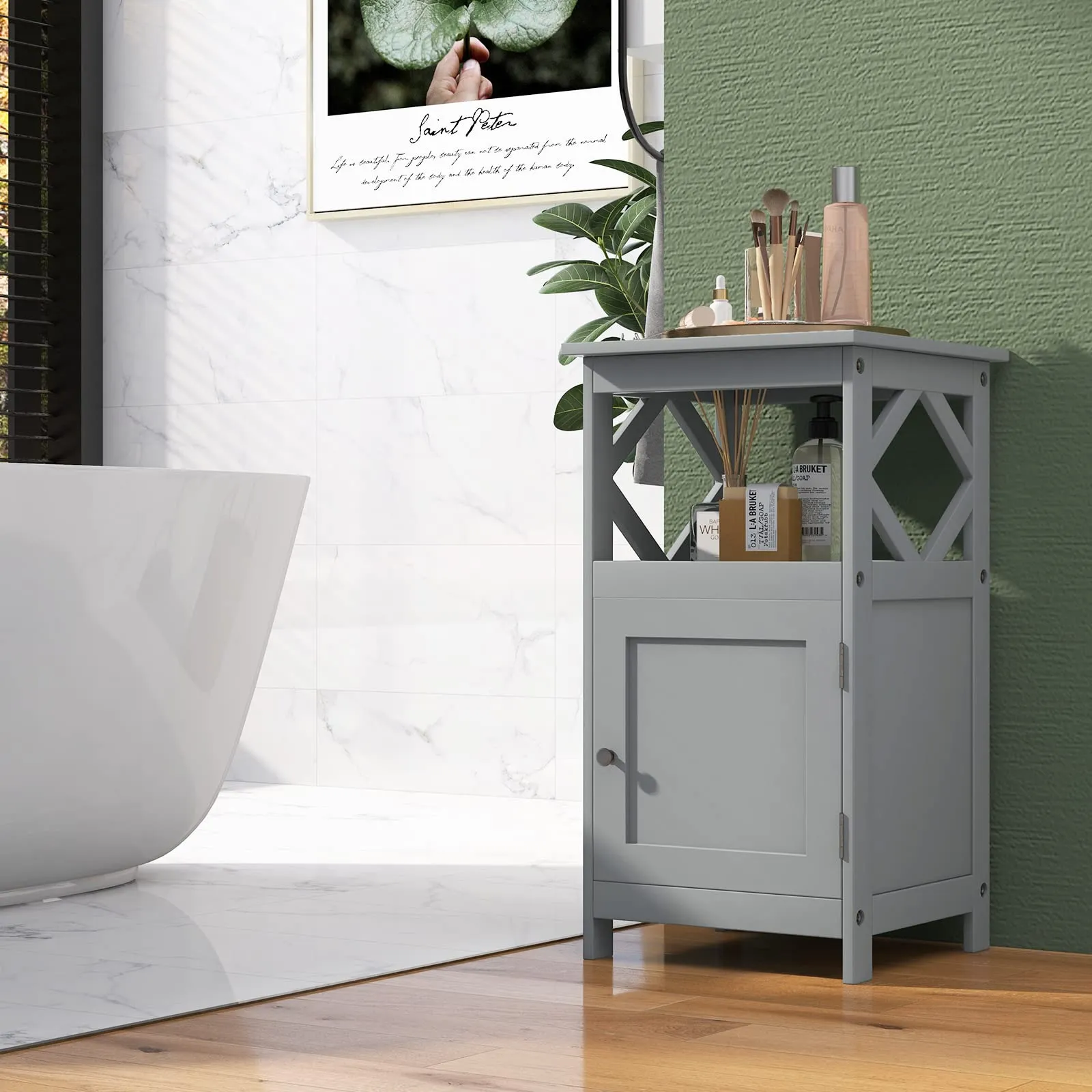 Tangkula Bathroom Floor Cabinet, Single Door Storage Cabinet with Diamond Frame Open Shelf