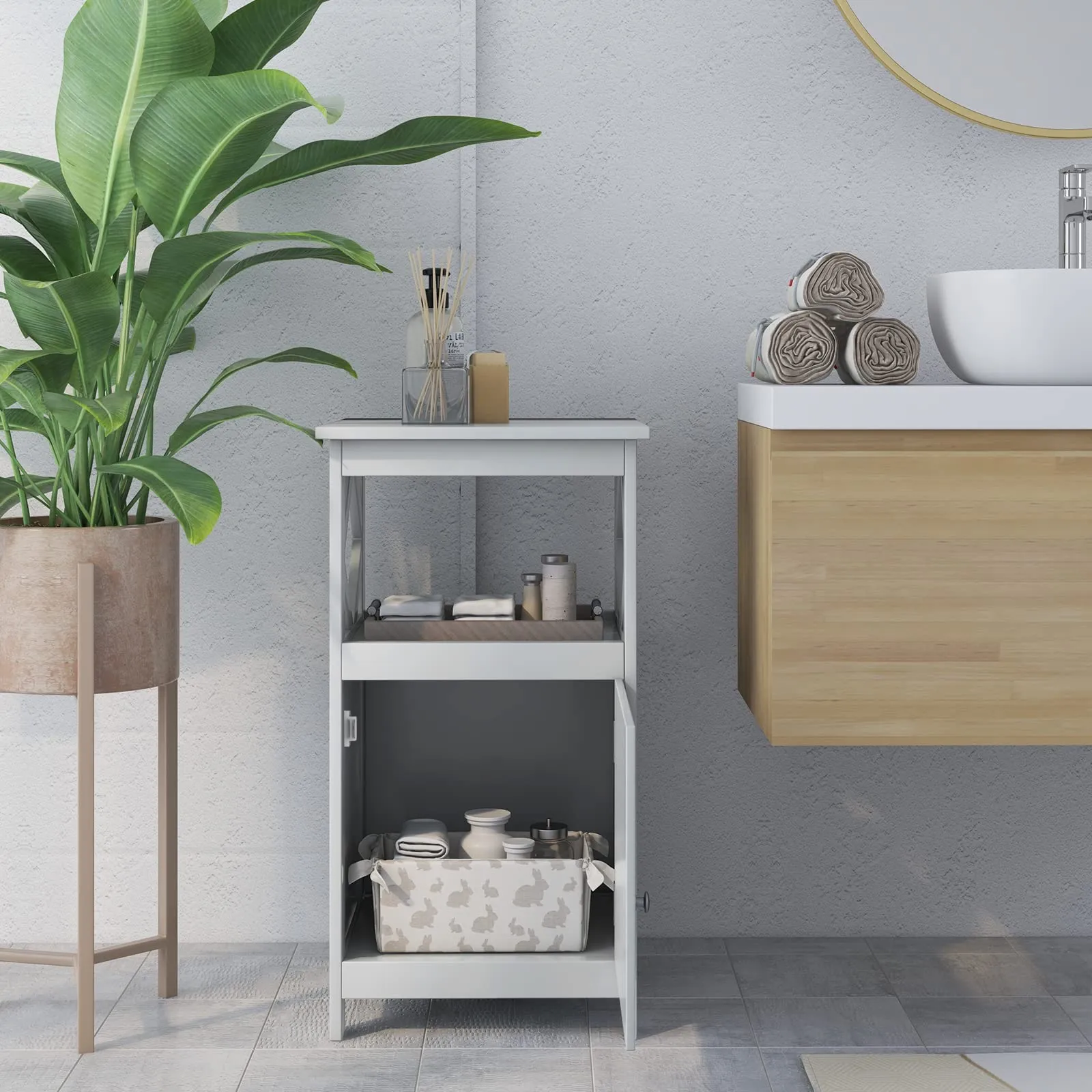 Tangkula Bathroom Floor Cabinet, Single Door Storage Cabinet with Diamond Frame Open Shelf