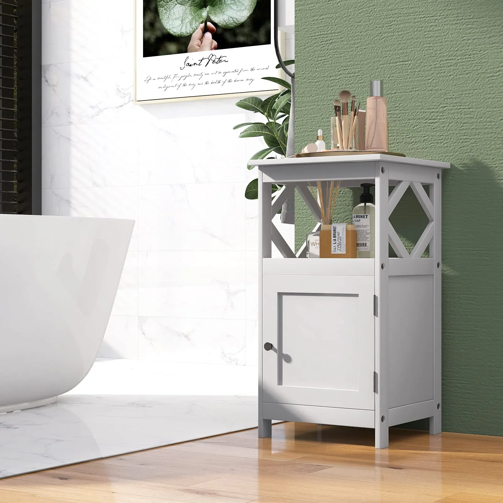 Tangkula Bathroom Floor Cabinet, Single Door Storage Cabinet with Diamond Frame Open Shelf