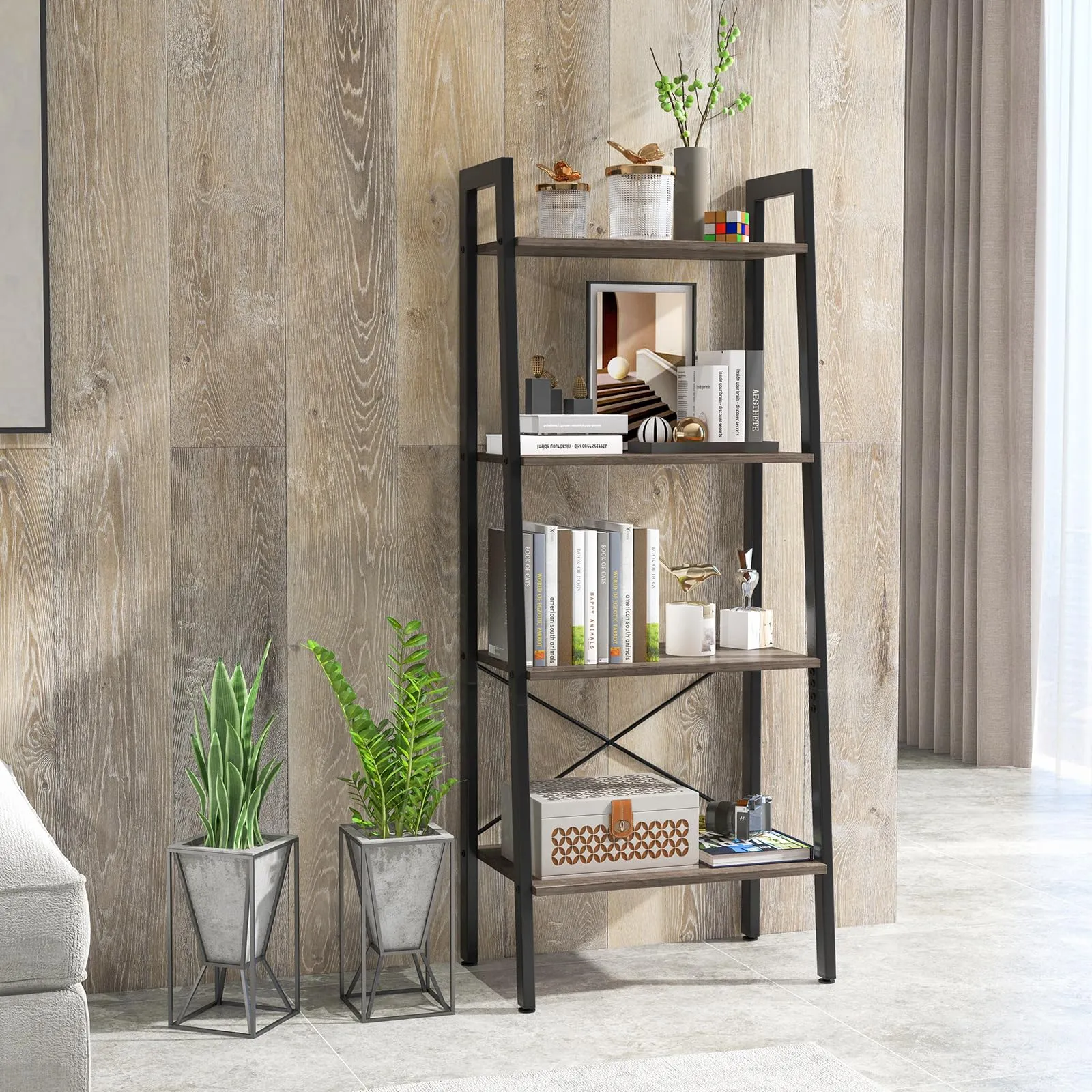 Tangkula Ladder Bookshelf, 4-Tier Industrial Wood Bookcase