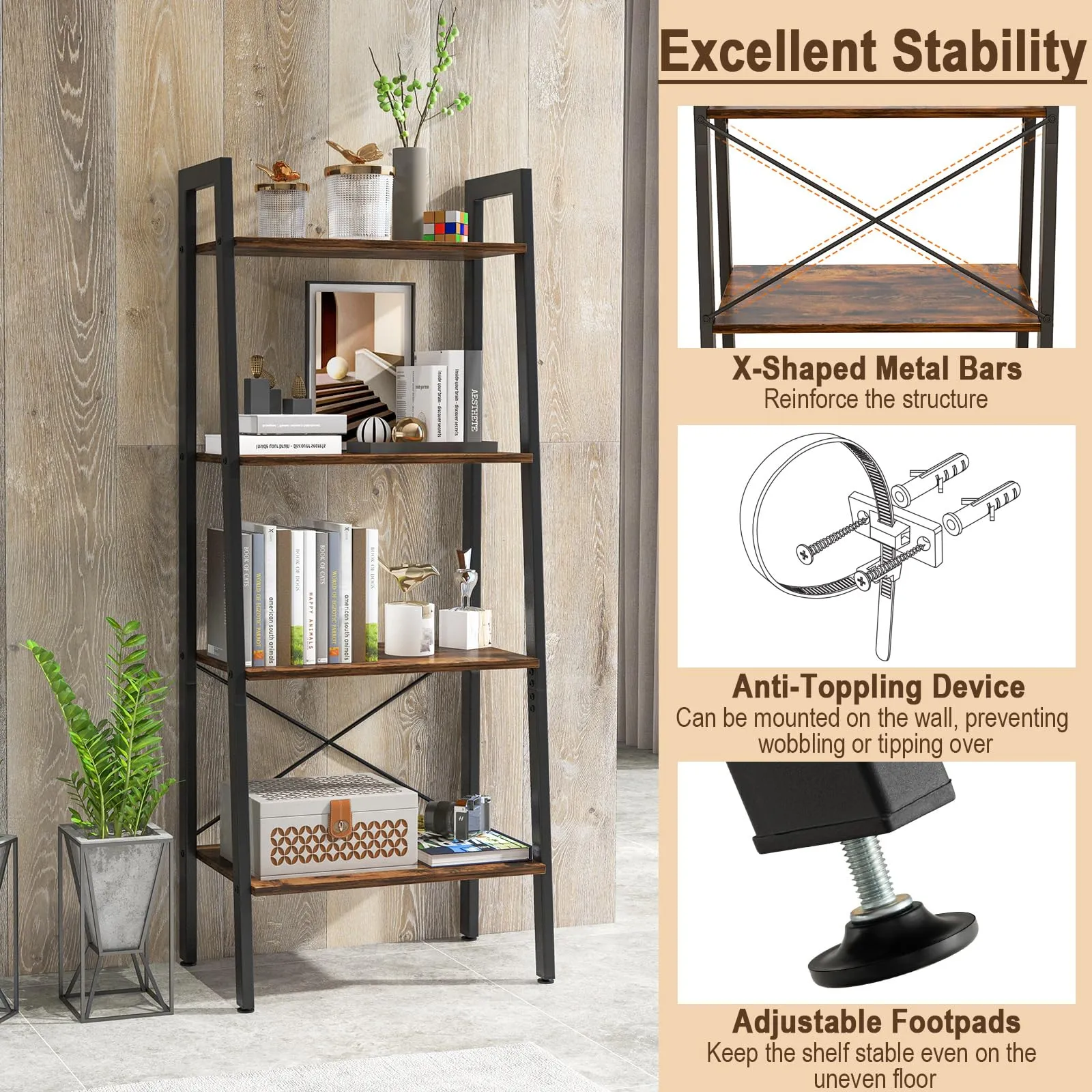 Tangkula Ladder Bookshelf, 4-Tier Industrial Wood Bookcase