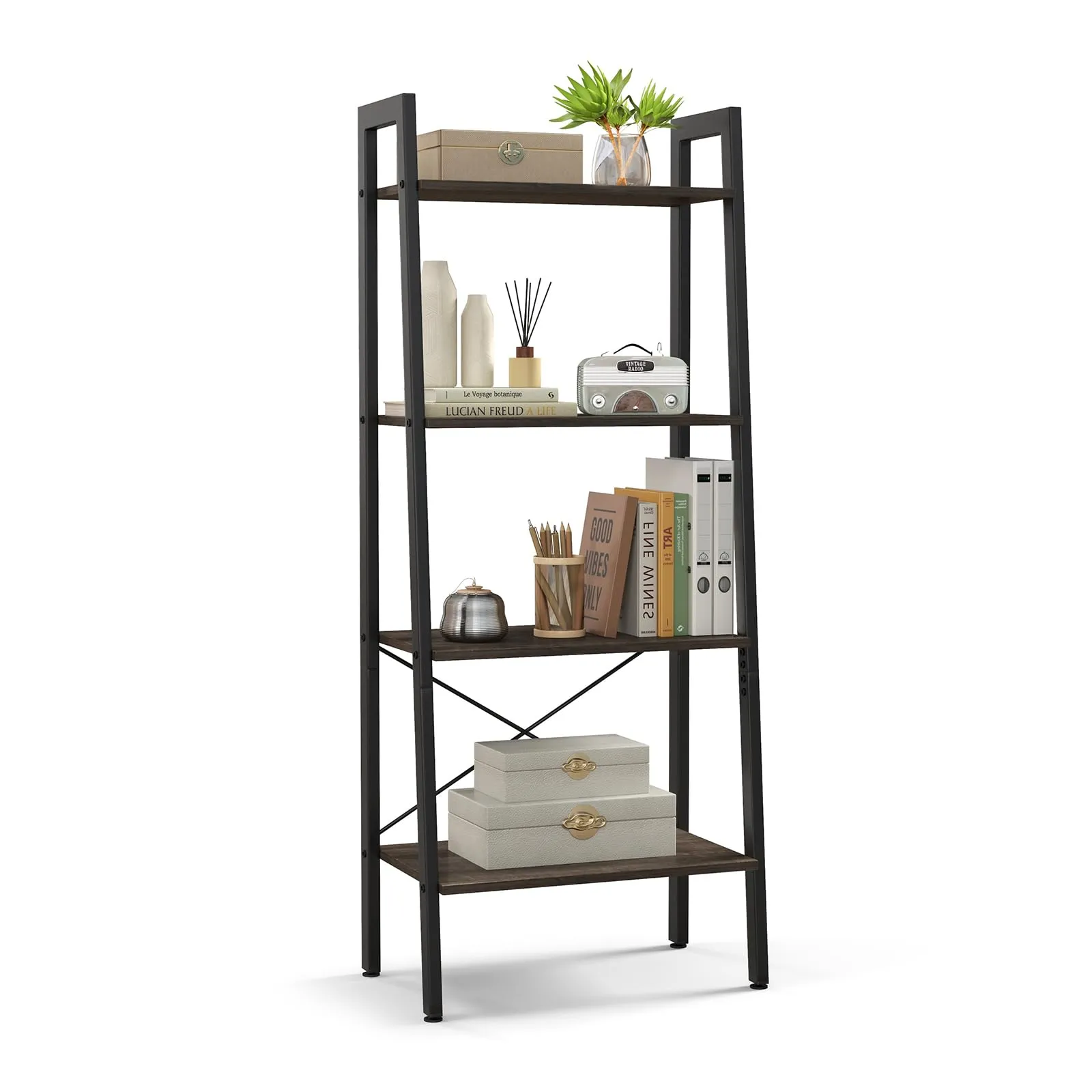 Tangkula Ladder Bookshelf, 4-Tier Industrial Wood Bookcase