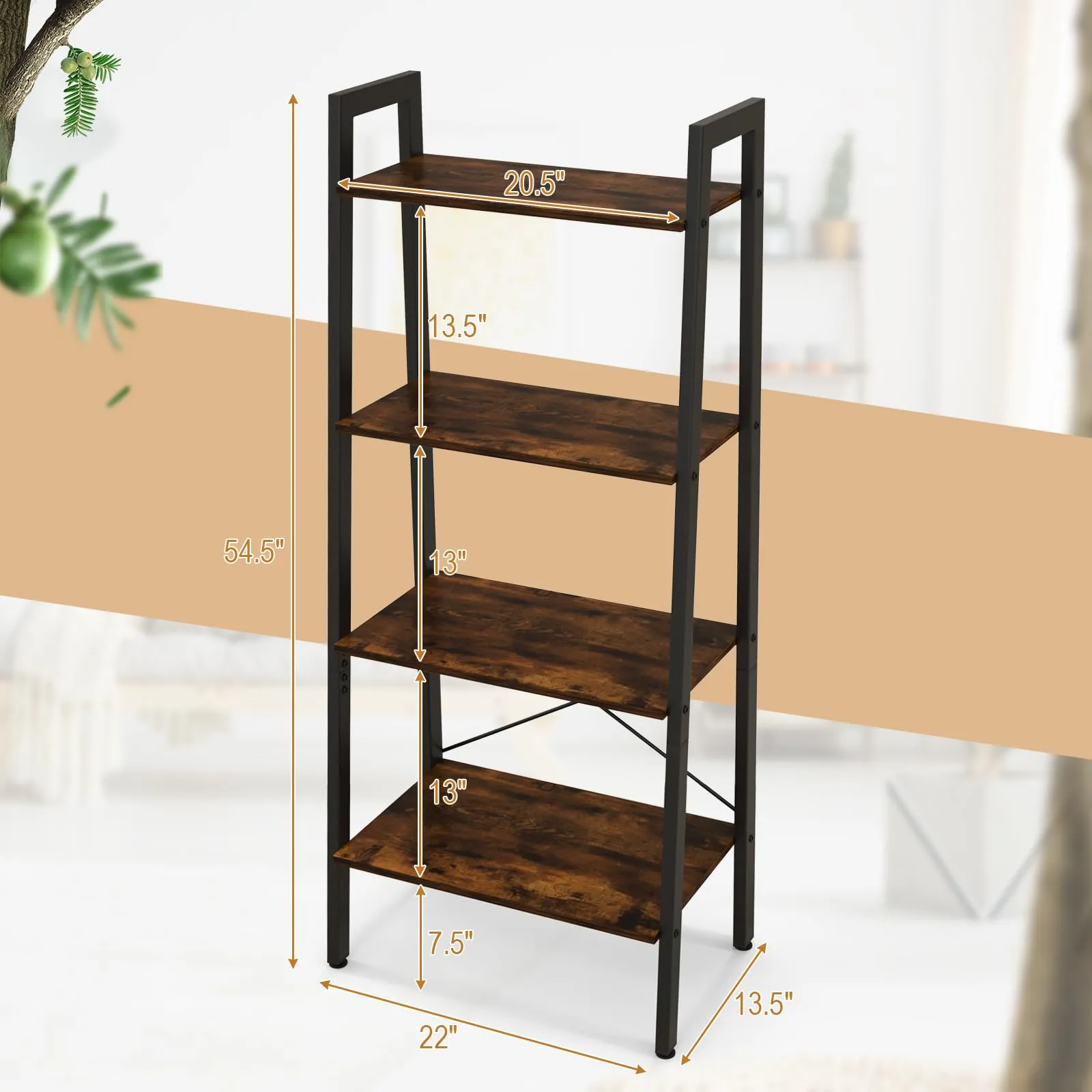 Tangkula Ladder Bookshelf, 4-Tier Industrial Wood Bookcase