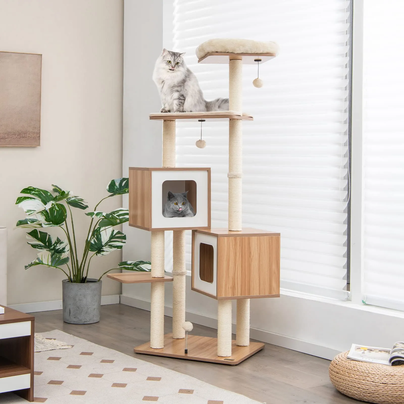 Tangkula Modern Cat Tree for Indoor Cats, 64.5 Inch Tall Cat Tower with Sisal Scratching Posts