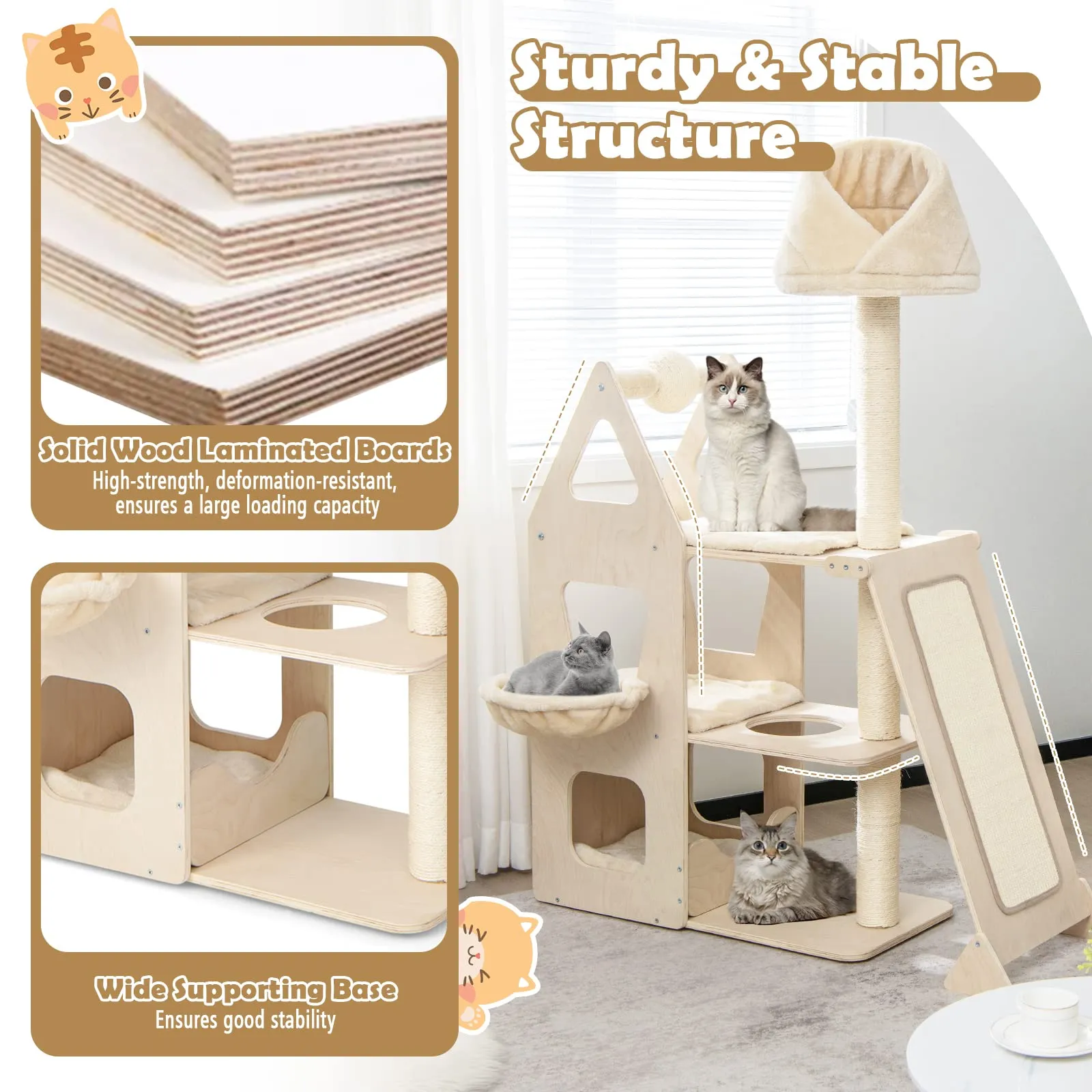 Tangkula Modern Wood Cat Tree for Indoor Cats, 64 Inch Multi-Level Tall Cat Tree with Scratching Rotatable Ball & Posts