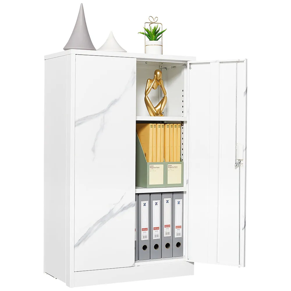 White Marble Metal Storage Cabinet: Locking Doors, Adjustable Shelf - Ideal for Home Office, School, Garage - Folding Filing & Locker Cabinet