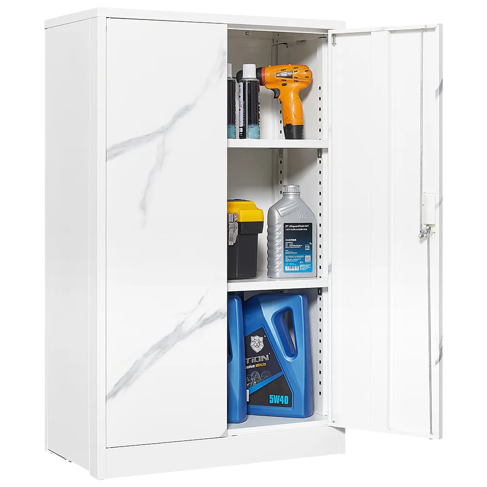 White Marble Metal Storage Cabinet: Locking Doors, Adjustable Shelf - Ideal for Home Office, School, Garage - Folding Filing & Locker Cabinet