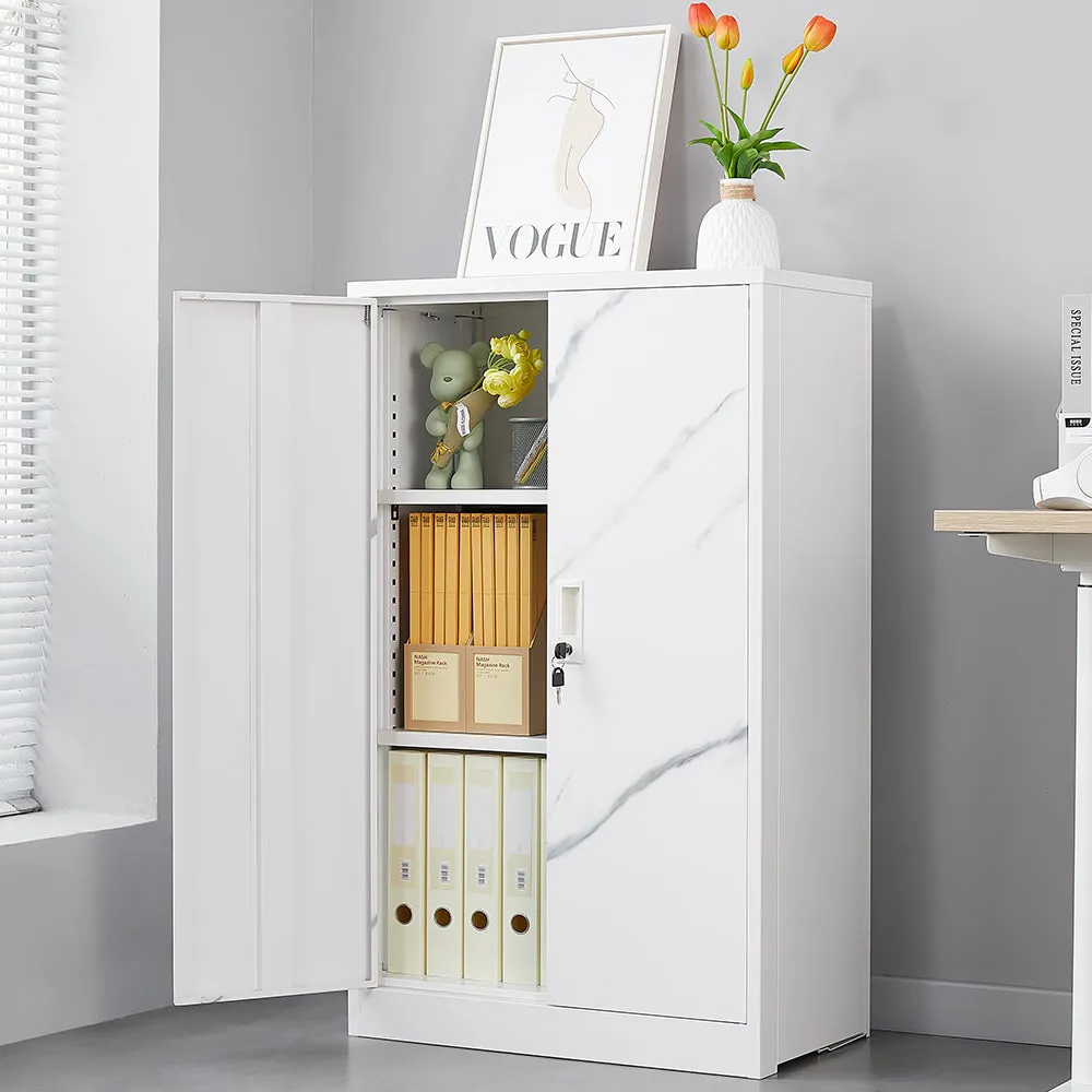 White Marble Metal Storage Cabinet: Locking Doors, Adjustable Shelf - Ideal for Home Office, School, Garage - Folding Filing & Locker Cabinet