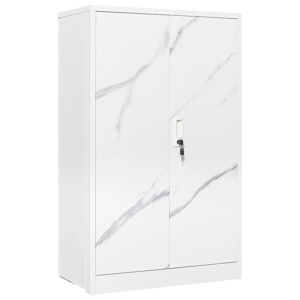 White Marble Metal Storage Cabinet: Locking Doors, Adjustable Shelf - Ideal for Home Office, School, Garage - Folding Filing & Locker Cabinet