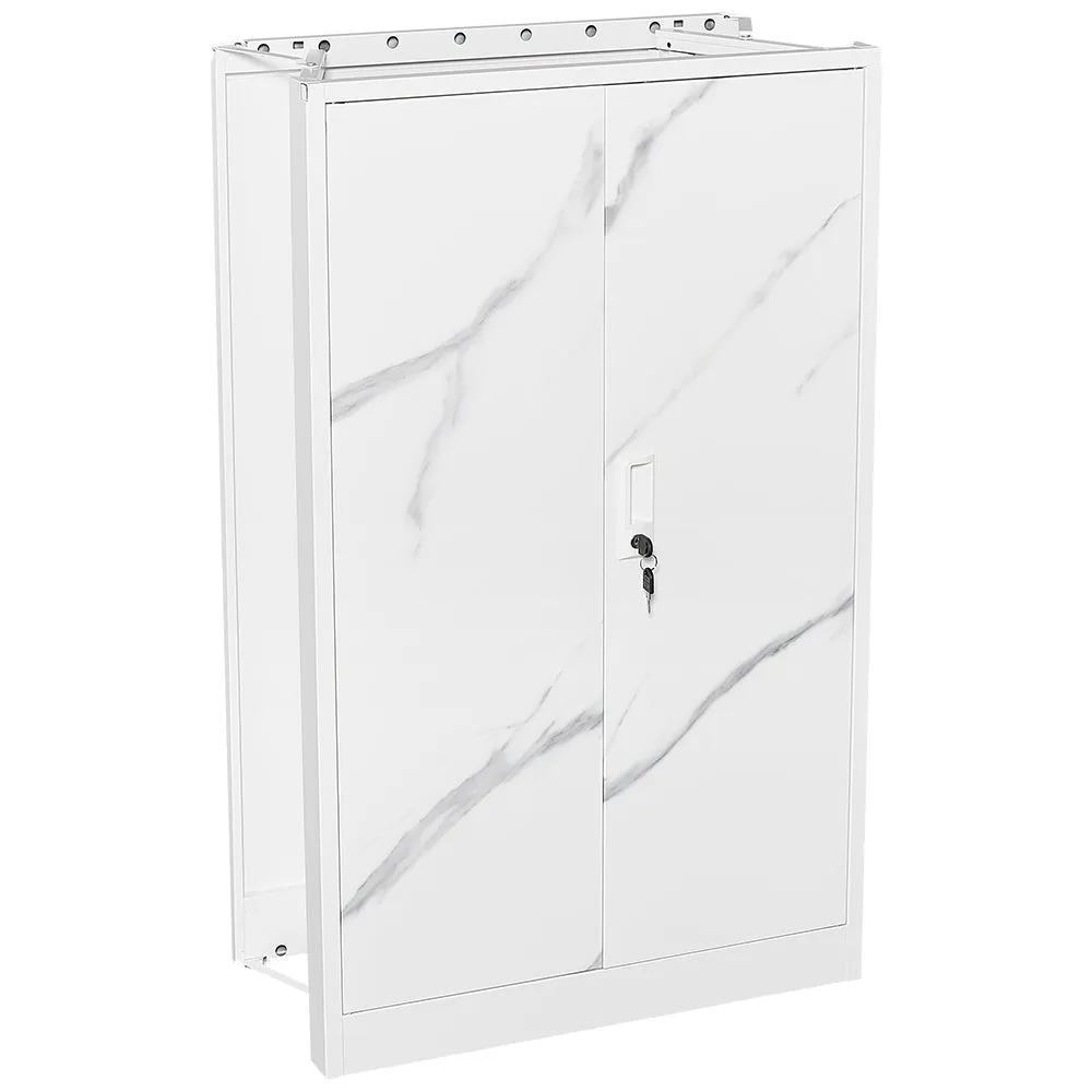 White Marble Metal Storage Cabinet: Locking Doors, Adjustable Shelf - Ideal for Home Office, School, Garage - Folding Filing & Locker Cabinet