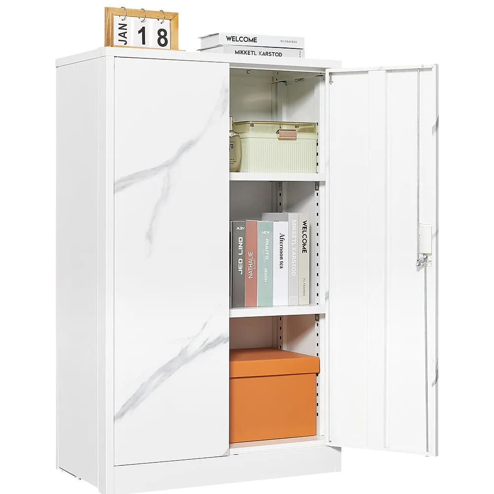 White Marble Metal Storage Cabinet: Locking Doors, Adjustable Shelf - Ideal for Home Office, School, Garage - Folding Filing & Locker Cabinet