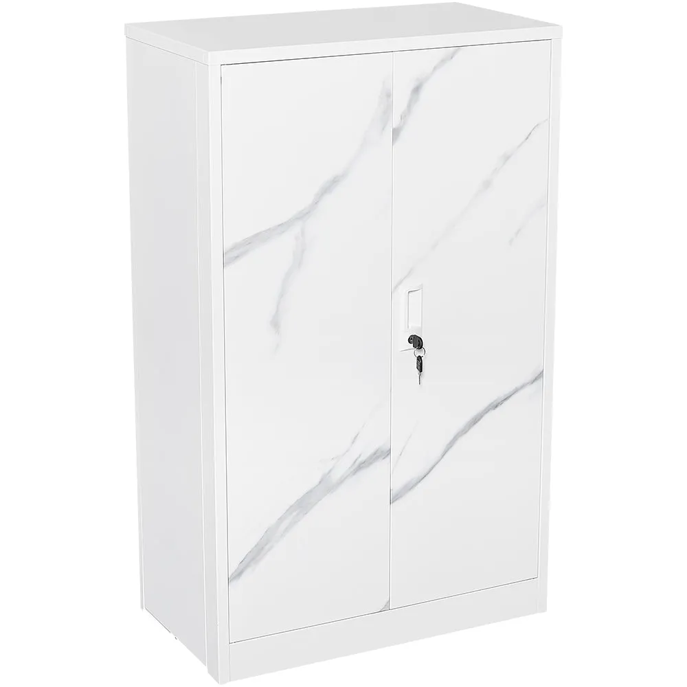 White Marble Metal Storage Cabinet: Locking Doors, Adjustable Shelf - Ideal for Home Office, School, Garage - Folding Filing & Locker Cabinet