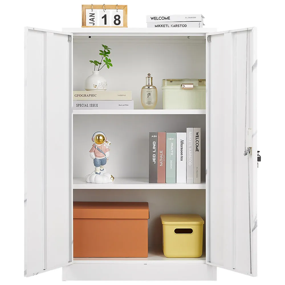 White Marble Metal Storage Cabinet: Locking Doors, Adjustable Shelf - Ideal for Home Office, School, Garage - Folding Filing & Locker Cabinet