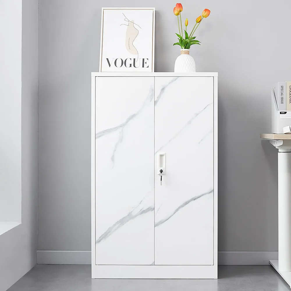 White Marble Metal Storage Cabinet: Locking Doors, Adjustable Shelf - Ideal for Home Office, School, Garage - Folding Filing & Locker Cabinet