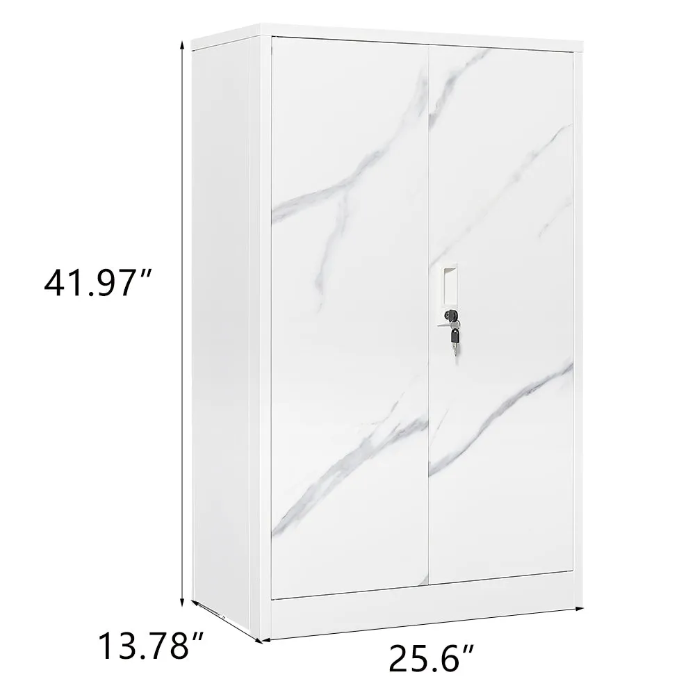 White Marble Metal Storage Cabinet: Locking Doors, Adjustable Shelf - Ideal for Home Office, School, Garage - Folding Filing & Locker Cabinet