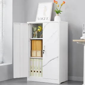 White Marble Metal Storage Cabinet: Locking Doors, Adjustable Shelf - Ideal for Home Office, School, Garage - Folding Filing & Locker Cabinet